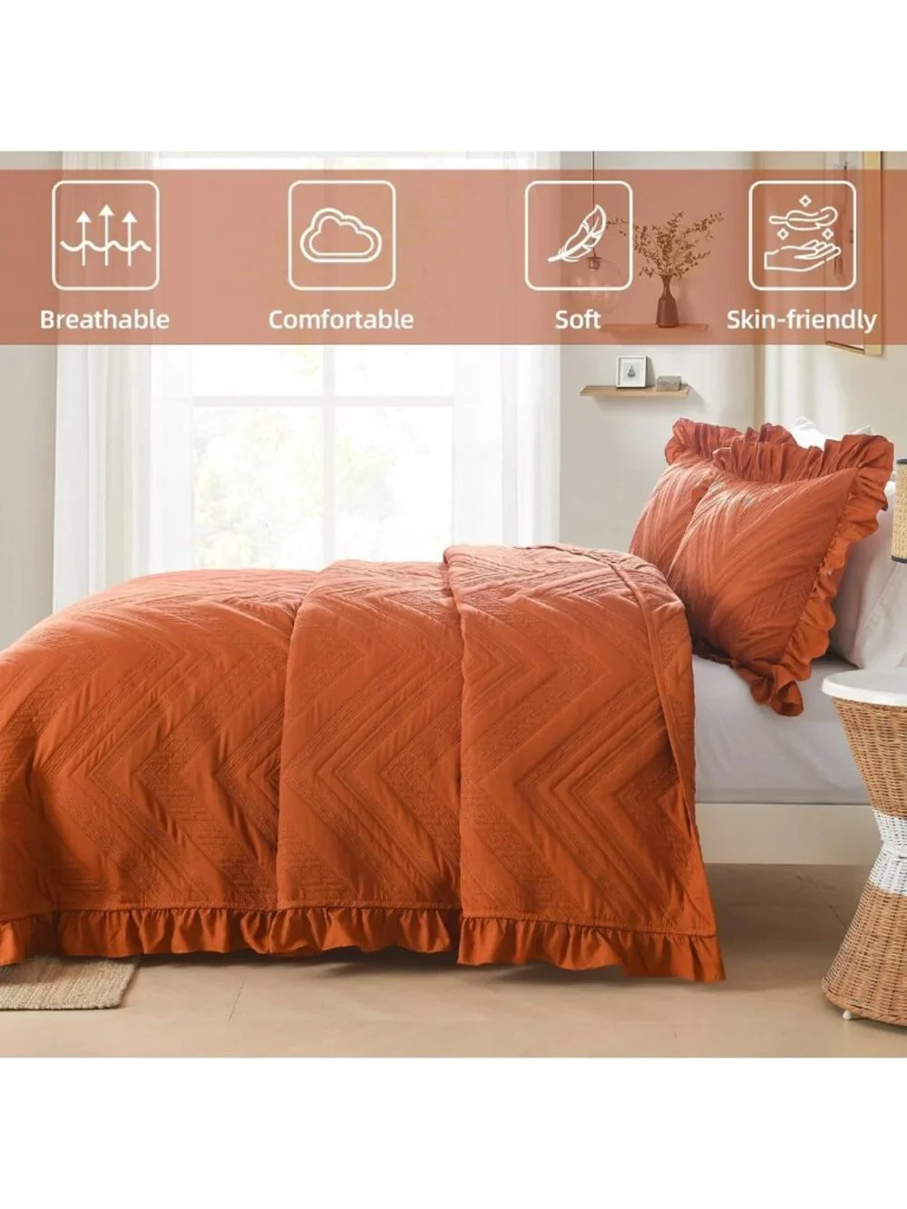 Cozy Burnt Orange Ruffled King Quilt Bedding Set | Fall Decor Bedspread